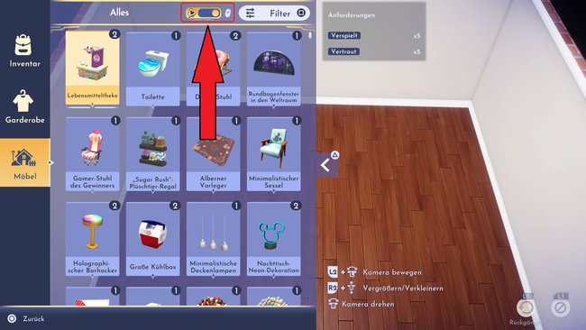 Schaltet den Dreamsnaps-Filter ein, um alle Möbelstücke angezeigt zu bekommen, die für die Herausfoderung zählen (Bildquelle: Screenshot GIGA).