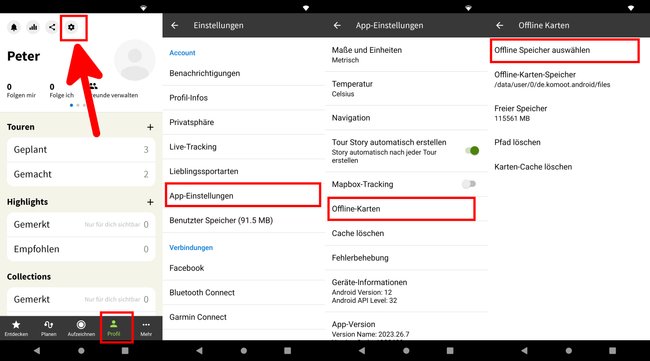 Komoot: Hier ändert ihr den Speicherort der Offline-Karten. (Bildquelle: GIGA)