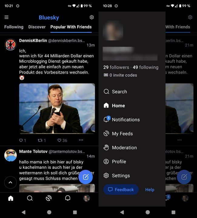 Screenshots: 2 Ansichten der App-Oberfläche von Bluesky