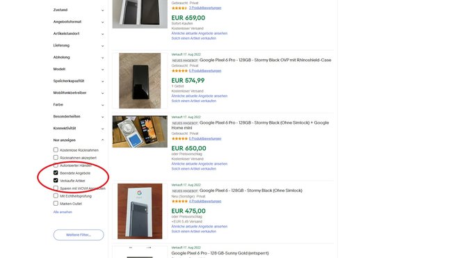 Es ist ein Screenshot der eBay-Angebote zum Google Pixel 6 zu sehen. Auf der linken Seite sind die Filtereinstellungen "Beendete Angebote" und "Verkaufte Artikel" angekreuzt und mit einem roten Kreis umrahmt.
