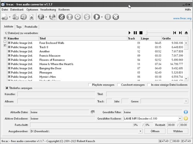 Screenshot des Arbeitsfensters im Programm fre:ac-Audiokonverter