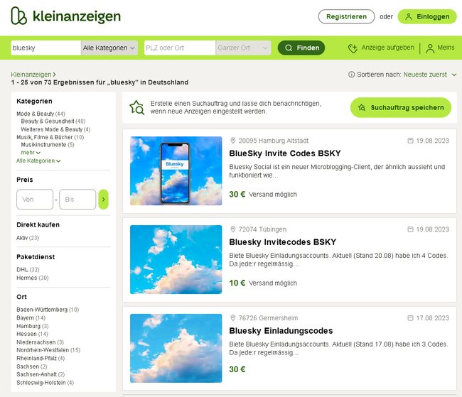 Screenshot von Kleinanzeigen.de: Es werden Bluesky-Codes angeboten.