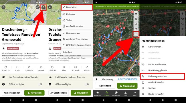So ändert ihr die Richtung in der Komoot-App. (Bildquelle: GIGA)