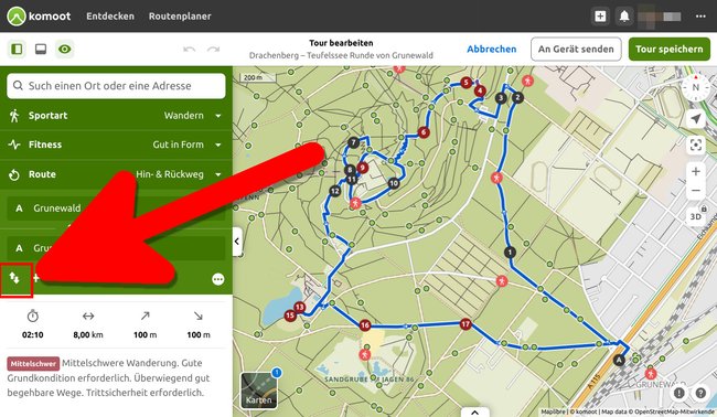 Klickt hier, um die Richtung eurer Tour umzukehren. (Bildquelle: GIGA)