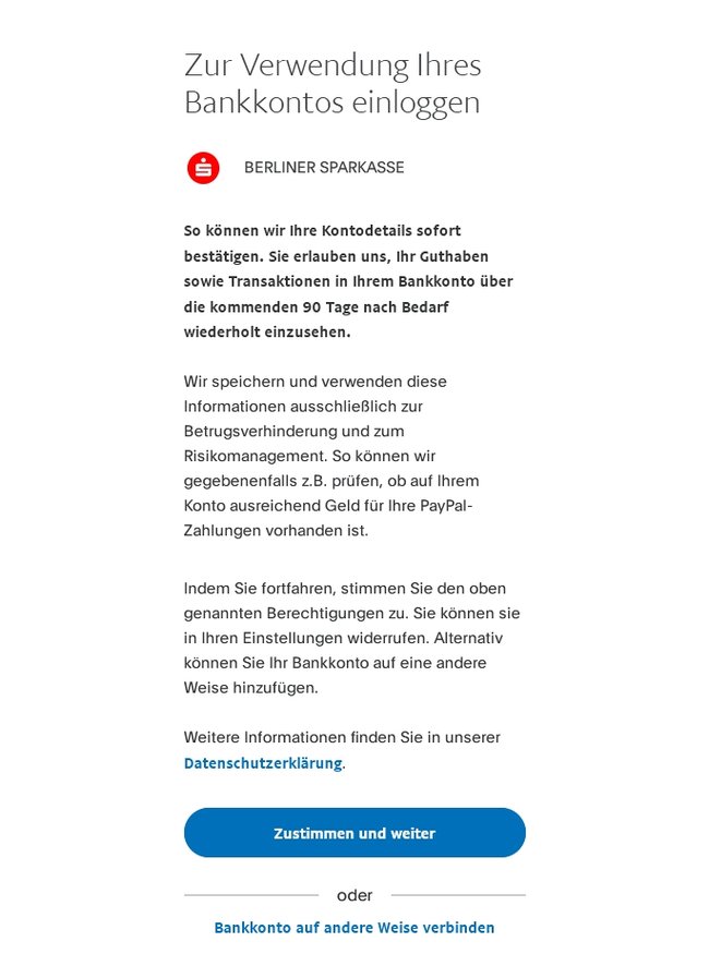 Screenshot der Paypal-Webseite: Angebot der sofortigen Kontoprüfung durch einen Kontozugriff für 90 Tage.