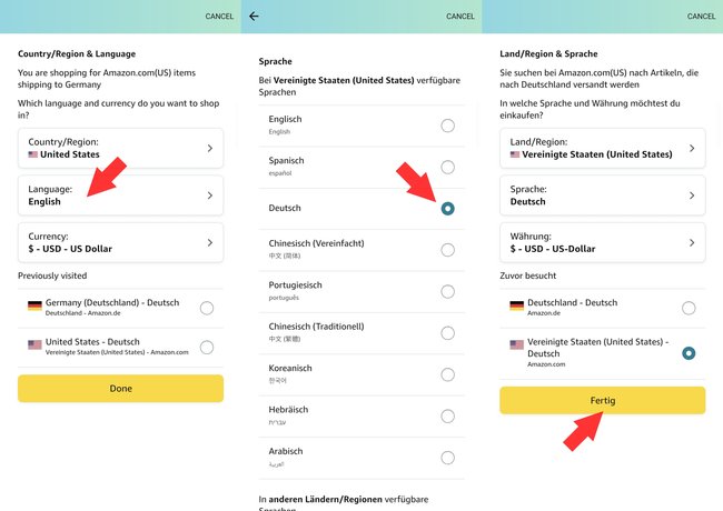 Amazon USA App Sprache umstellen