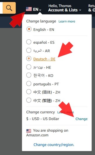 Amazon USA Sprache Waehrung umstellen PC