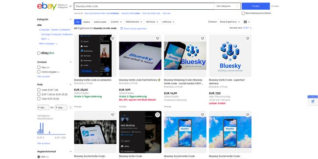 Screenshot einer eBay-Seite, auf der viele Invite Codes für Bluesky zum Verkauf angeboten werden.