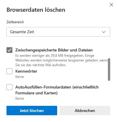 Screenshot des Dialogs in Edge, mit dem man neben dem Cache auch viele andere Browserdaten löschen kann.