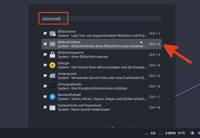 Die Linux-Distribution „Pop!_OS“ zeigt das Screenshot-Tool „Bildschirmfoto“ an, wenn man danach sucht. (Bildquelle: GIGA)