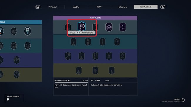 Zum Boosten müsst ihr vorher den Skill "Boostpack-Training" freigeschaltet haben (Quelle: Screenshot GIGA).