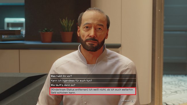 Wenn ihr euch danach noch im Spiegel anschauen könnt, dürft ihr den Kinderkram-Status auch direkt wieder bei Papa entfernen (Quelle: Screenshot GIGA).