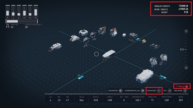 Für ein ganz neues Raumschiff, nehmt ein bestehendes Schiff erst einmal auseinander und verteilt die Bauteile. Rechts oben werden alle Kosten berrechnet. Die Fehler rechts unten zeigen euch an, was für ein funktionierendes Raumschiff verändert werden muss. Klickt auf eine freie Fläche im Feld, um neue Bauteile hinzuzufügen (Quelle: Screenshot GIGA).