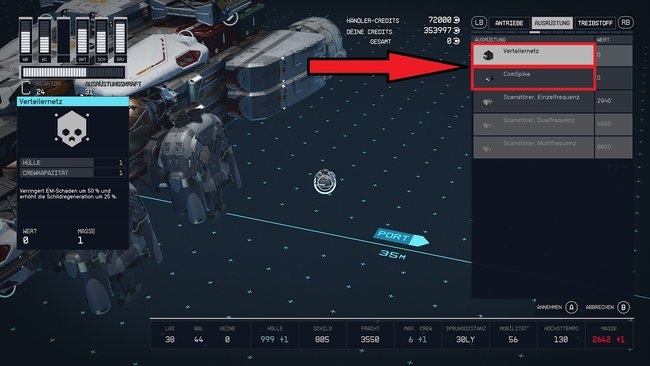 Im Schiffsbuilder werden euch das Verteilernetz und der Comspike bei der Ausrüstungskategorie angezeigt (Quelle: Screenshot GIGA).