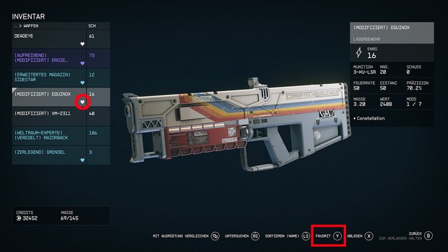 Über die Favorit-Taste könnt ihr die ausgewählte Waffe zuweisen. Ein Herz-Symbol zeigt eine zugewiesene Waffe an (Quelle: Screenshot GIGA).