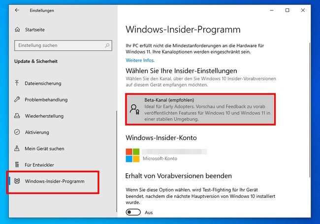 Im Windows-Insider-Programm ist der Beta-Kanal ausgewählt. (Bildquelle: GIGA)