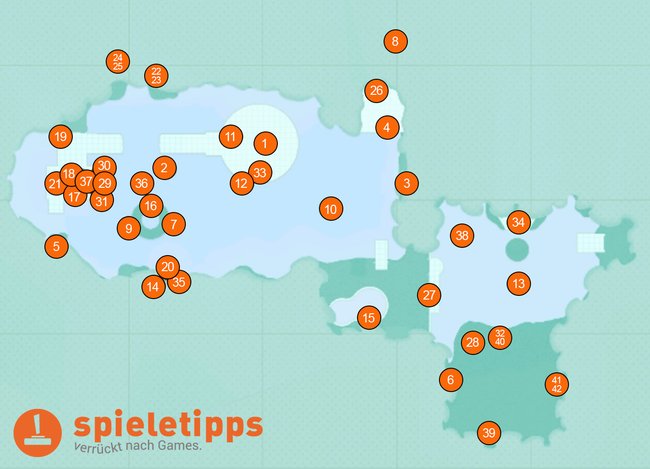 Die Karte zeigt euch alle 42 Fundorte der Monde, die ihr im Seeland sammeln könnt.