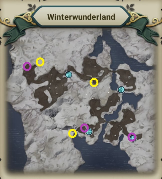 Schatzkisten (Gelb) und Aussichtspunkte (Lila) im Winterwunderland (Quelle: Screenshot spieletipps).