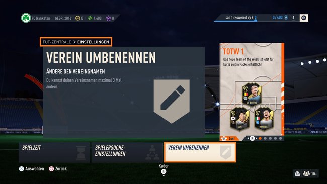 Im Folgemenü könnt ihr dann euren Verein umbennenen. (Bildquelle: Screenshot spieletipps)