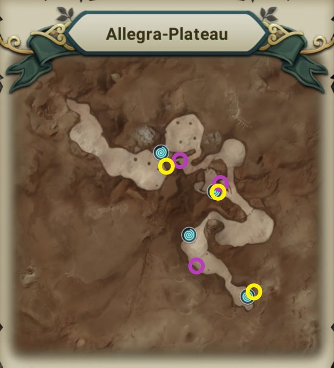 Schatzkisten (Gelb) und Aussichtspunkte (Lila) auf dem Allegra-Plateau (Quelle: Screenshot spieletipps).
