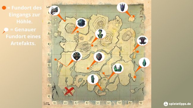 Fundorte aller Artefakte auf der Karte von The Island (Bildquelle: Screenshot spieletipps.de).