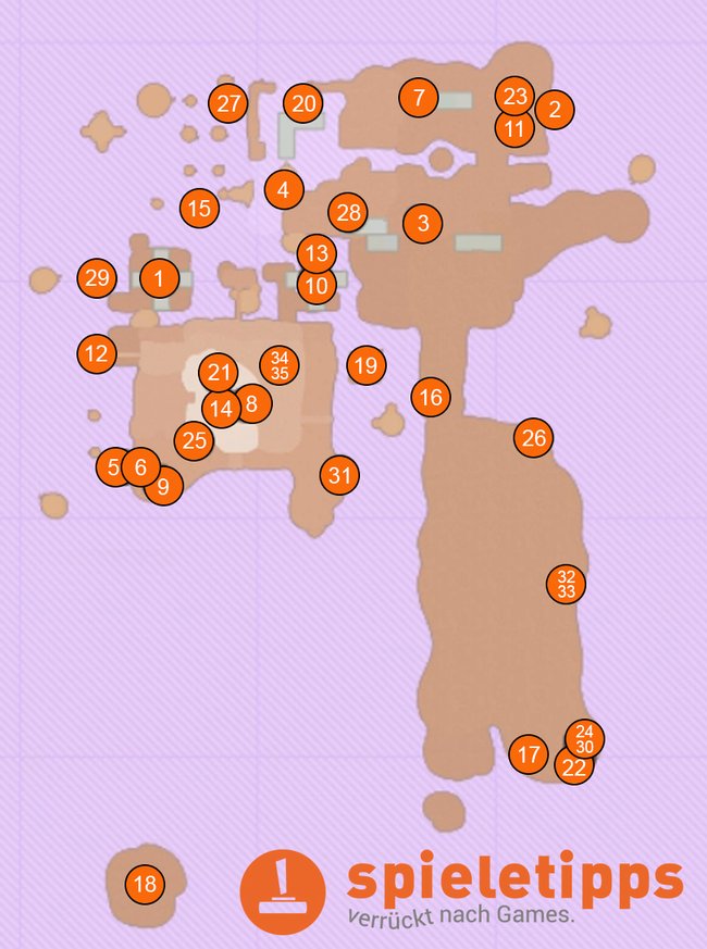 Die Karte zeigt euch alle 35 Fundorte der Monde, die ihr im Verlorenen Land sammeln könnt.