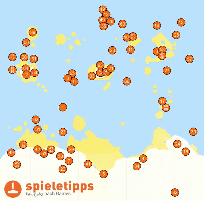 Die Karte zeigt euch alle 71 Fundorte der Monde, die ihr im Küstenland sammeln könnt.