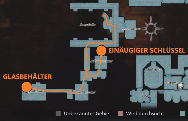 Besorgt euch im Obergeschoss den zweiten Glasbehälter und den einäugigen Schlüssel (Quelle: Screenshot spieletipps).