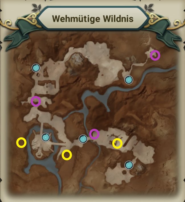 Schatzkisten (Gelb) und Aussichtspunkte (Lila) in der wehmütigen Wildnis (Quelle: Screenshot spieletipps).