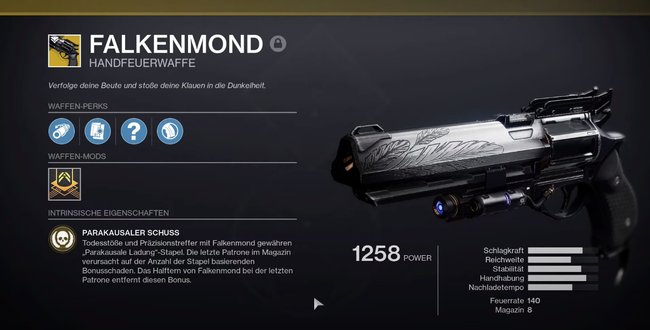Sehr beliebt in Destiny 1, jetzt zurück in Destiny 2: Die Exo-Handfeuerwaffe „Falkenmond“.