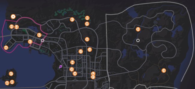 Karte mit allen Sammelobjekten in Old Town, Monte Vista, Marina & nördliche Rojas-Wüste (Quelle: Screenshot spieletipps).