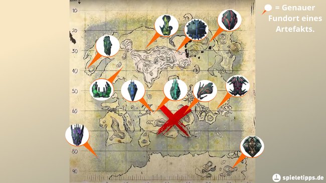 Fundorte aller Artefakte auf der Karte von Lost Island (Bildquelle: Screenshot spieletipps.de).