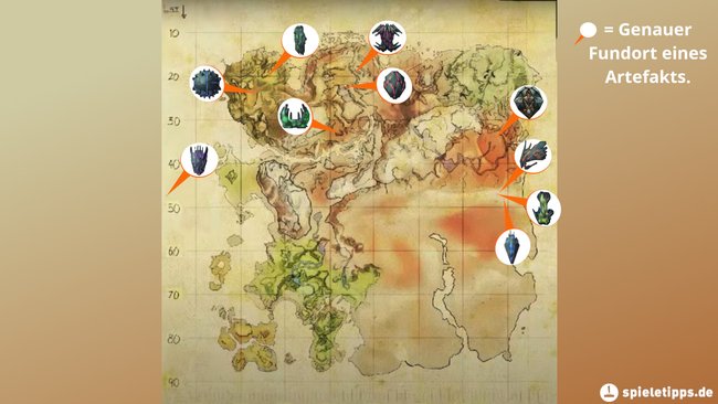 Fundorte aller Artefakte auf der Karte von Ragnarok (Bildquelle: Screenshot spieletipps.de).
