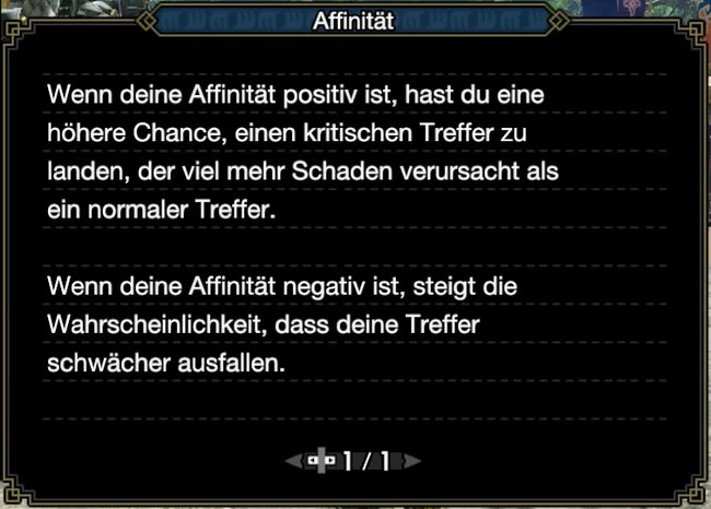 Diese Erklärung liefert euch Monster Hunter Rise selbst zum Begriff „Affinität“.