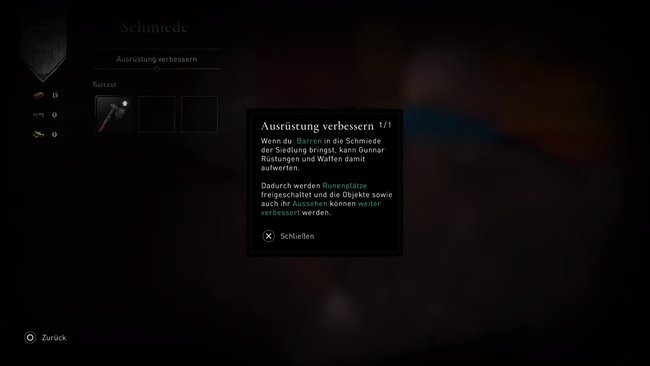 Sprecht ihr mit Gunnar und verbessert dieser eure Axt. Ihr könnt auch eure restliche Ausrüstung aufwerten.