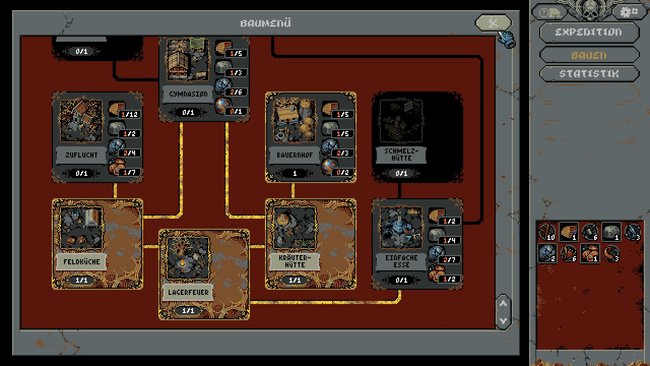 Über das Baumenü könnt ihr verschiedene Gebäude für das Lager errichten. (Bild: Loop Hero | Devolver Digital & Four Quarters)