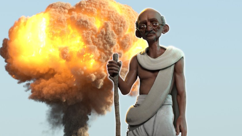 Das Bild zeigt Gandhi aus Civilization 6 vor einer Atomexplosion