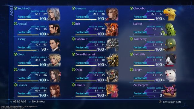 In der DBW-Matrix müsst ihr alle Figuren mit 100 Prozent abschließen, um die Genji-Rüstung zu erhalten. (Quelle: Screenshot spieletipps.de)