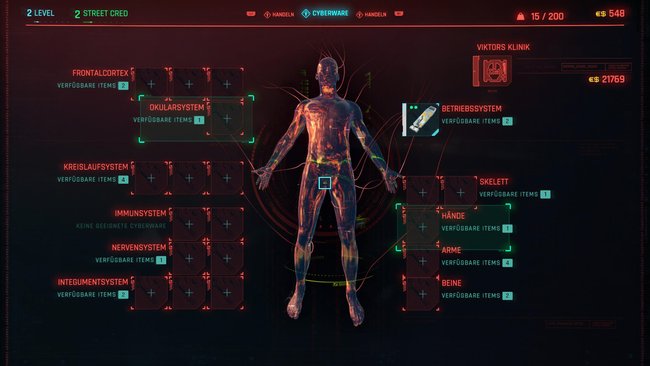 Wählt die jeweiligen Bereiche des Körpers an, die durch eine Cyberware-Modifikation aufgebessert werden sollen.