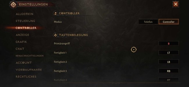 In den Einstellungen von Diablo Immortal könnt ihr zwischen Touchscreen- und Controller-Steuerung wechseln. (Bildquelle: Screenshot spieletipps)