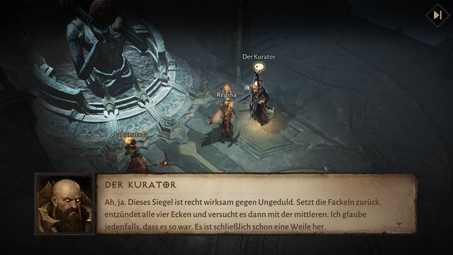 Der Kurator kennt zum Göück die Antwort, falls euch das Rätsel der Neun Lichter Probleme bereiten sollte. (Bildquelle: Screenshot spieletipps)