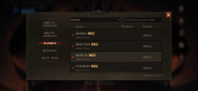 In Diablo Immortal könnt ihr nach Regionen und Sprachen filtern, um den idealen Server für euch zu finden. (Bildquelle: Screenshot spieletipps)