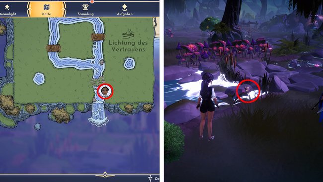 Fundort vom fallenden Wasser bei der Lichtung des Vertrauens. (Quelle: Screenshot spieletipps.de)