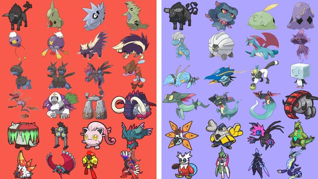 Links sind die exklusiven Pokémon aus Karmesin und rechts sind die Taschenmonster, die ihr nur in Purpur findet. (Bildquelle: Nintendo; Bearbeitung: spieletipps)