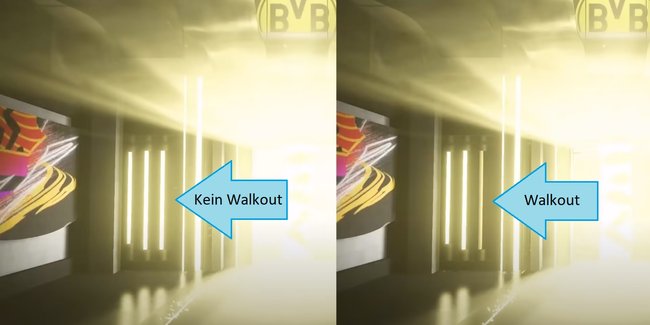 Hier der direkte Vergleich: Der rechte Bildausschnitt zeigt den blassen Leuchtstab für Walkouts auf der linken Seite des Spielertunnels. (Bildquelle: REEV auf YouTube)