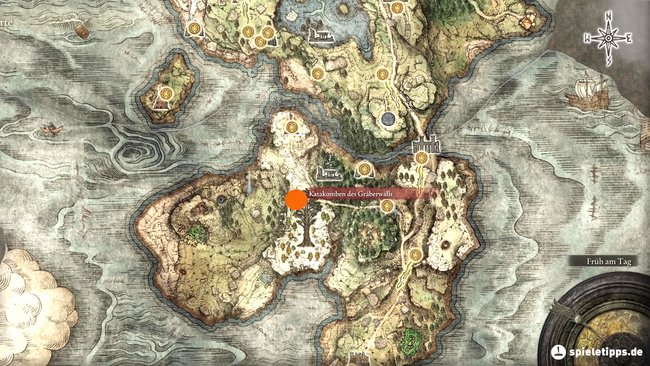 Die Katakomben des Gräberwalls befinden sich auf der Halbinsel der Tränen im Süden von Limgrave. Hier findet ihr die Legendäre Asche von Lhutel der Kopflosen. (Quelle: Screenshot spieletipps.de)