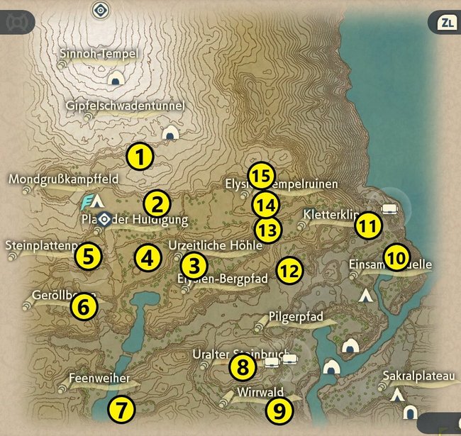 Die Karte zeigt euch die Fundorte der Elite-Pokémon im Kraterberg-Hochland.