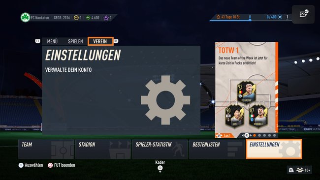 So gelangt ihr in die Einstellungen von FUT, um euren Vereinsnamen zu ändern. (Bildquelle: Screenshot spieletipps)