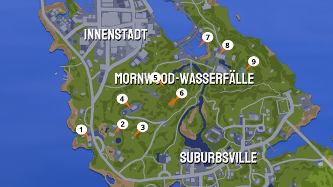 Das sind die Fundorte aller Ausrüstungsstücke der Mornwood-Wasserfälle. (Bildquelle: Screenshot spieletipps)