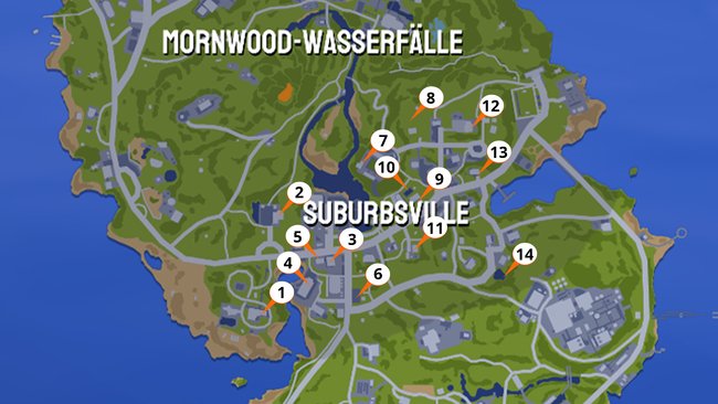 Hier seht ihr alle Fundorte der Ziegenausrüstung in Suburbsville. (Bildquelle: Screenshot spieletipps)